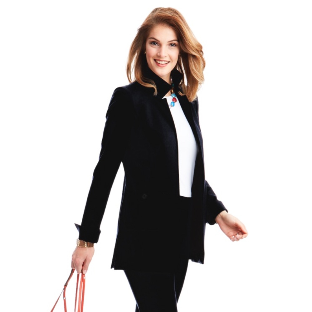 Nina McLemore PONTE KNIT CAR COAT Open Front Long Blazer Jacket Size 10 Black